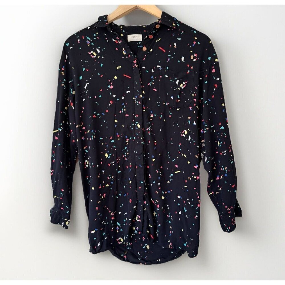 Numph Womens Size 34 Small Black Confetti Long Sleeve Button Front Shirt
